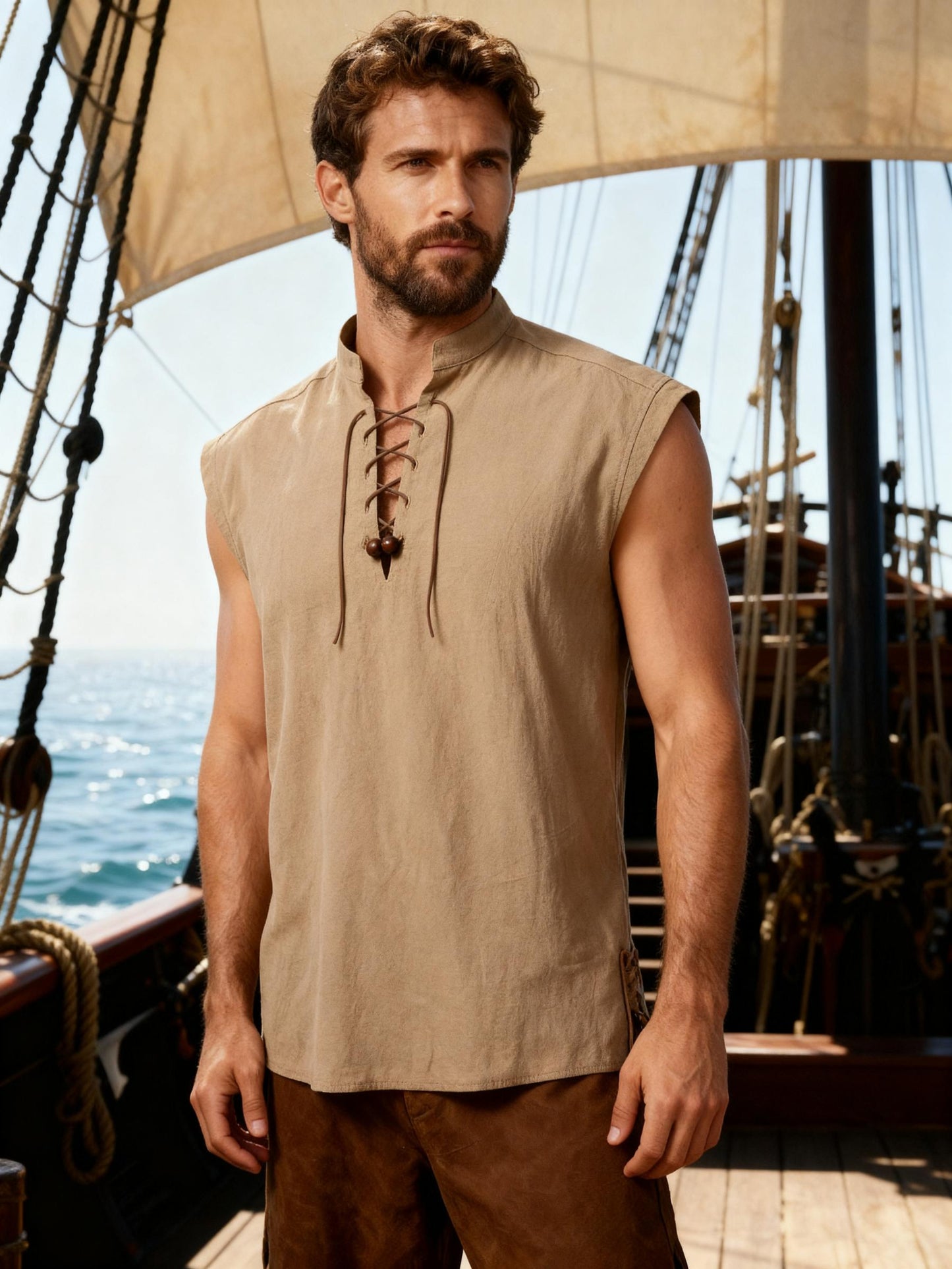 JEMITOP Men's Retro Pure Cotton Lace Up Sleeveless Shirts for Pirate Renaissance Medieval Viking Costume