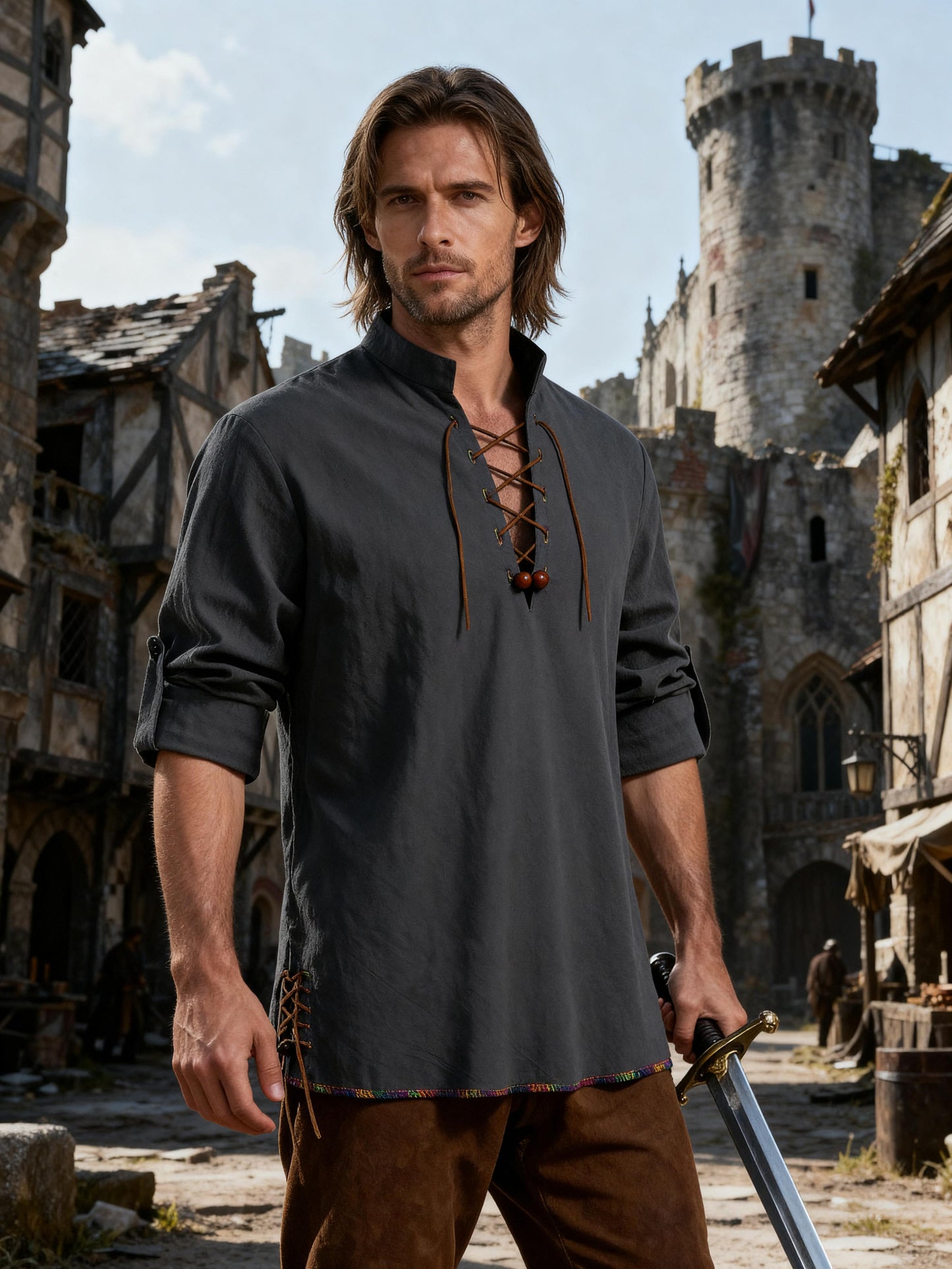 JEMITOP Men's Pure Cotton Retro Lace Up Shirts for Renaissance Pirate Viking Medieval