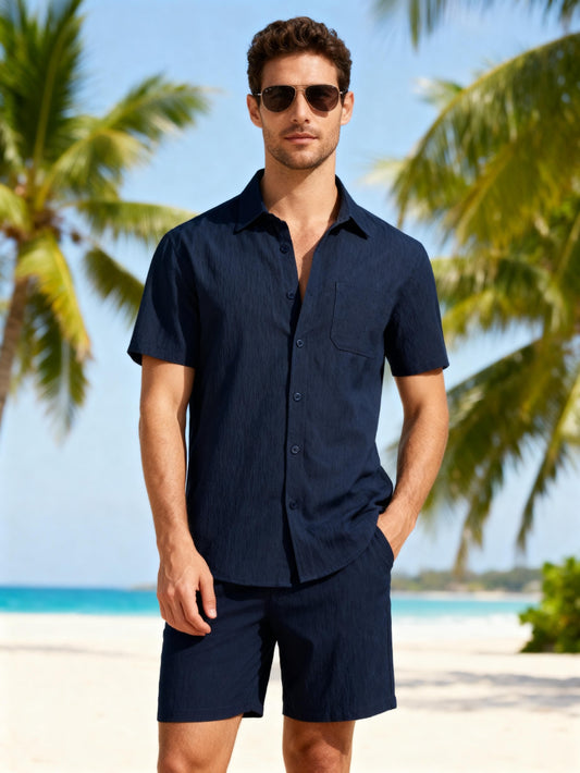 JEMITOP Men's Stretch Wrinkle Free Short Sleeve Texture Shirt Lightweight Summer Button Down Shirts for Beach Vacation