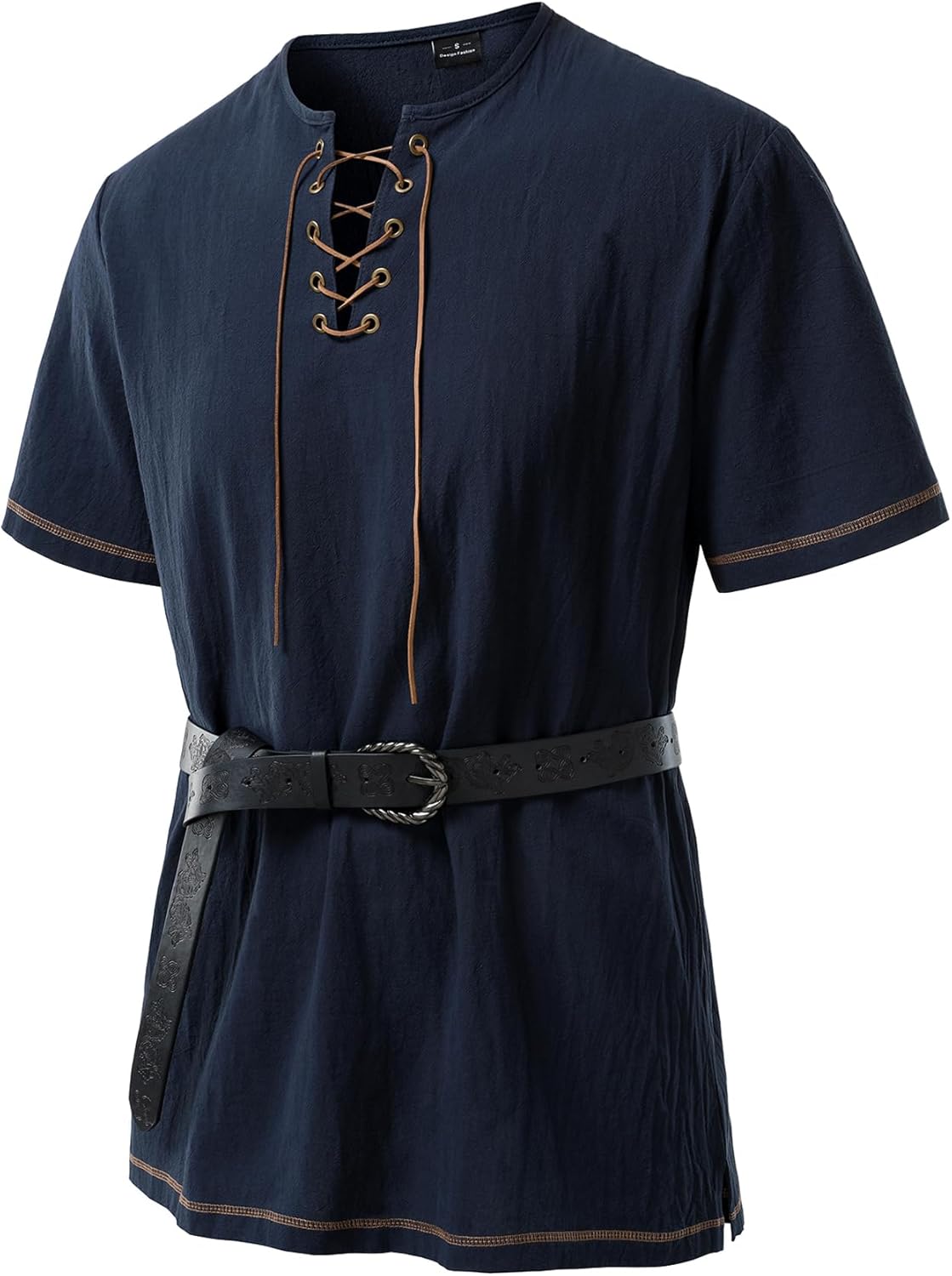 JEMOTOP Men's Pure Cotton Retro Short Sleeves Lace Up Shirts for Casual Renaissance Pirate Medieval Viking Without Belt