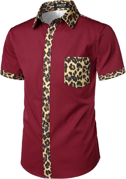 JEMITOP Men's Stretchy Causal Leopard Cheetah Print Short Sleeve Slim Fit Button Up Shirt