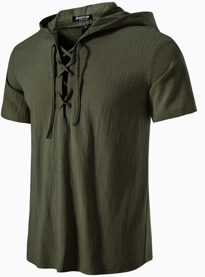 JEMITOP Men's Cotton Vintage Hooded Design Short Sleeve Lace up Shirts for Renaissance Pirate Viking Medieval Costume