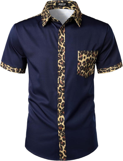 JEMITOP Men's Stretchy Causal Leopard Cheetah Print Short Sleeve Slim Fit Button Up Shirt