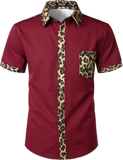 JEMITOP Men's Stretchy Causal Leopard Cheetah Print Short Sleeve Slim Fit Button Up Shirt
