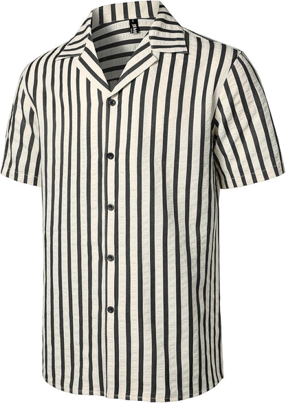 JEMITOP Herren-Hemd mit klassischem Streifenmuster und kubanischem Kragen, Button-Down-Hemd, leichtes, kurzärmeliges Strukturhemd für den Strandurlaub 