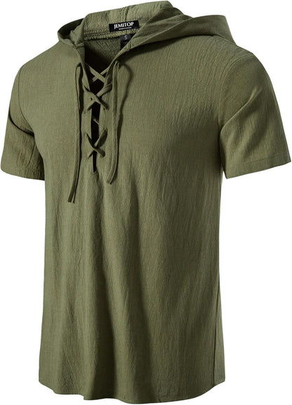 JEMITOP Men's Cotton Vintage Hooded Design Short Sleeve Lace up Shirts for Renaissance Pirate Viking Medieval Costume