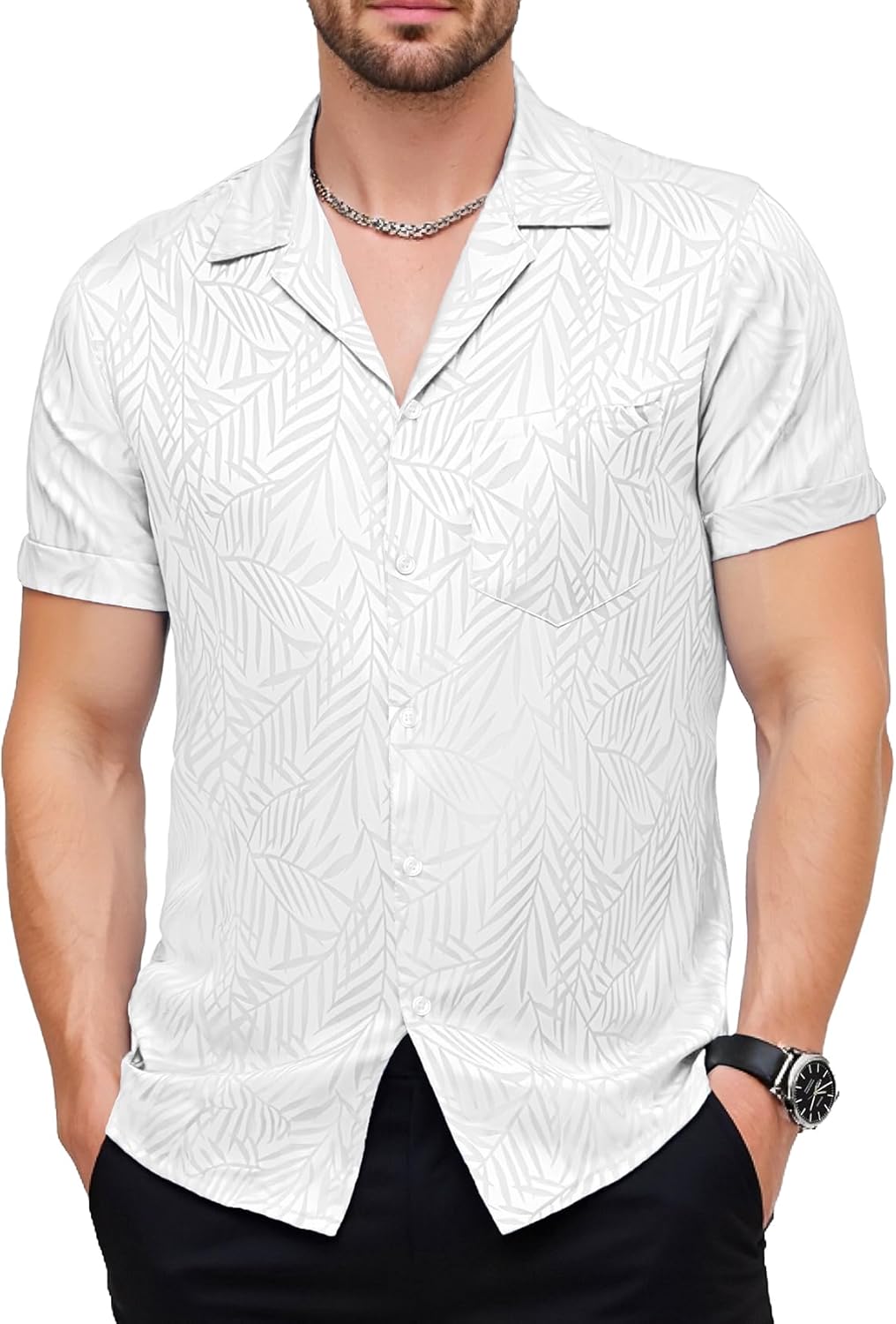 JEMITOP Mens Shiny Satin Silk-Like Designer Shirt Summer Regular Fit Short Sleeve Button Up Floral Shirt with Pocket