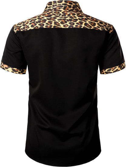 JEMITOP Men's Stretchy Causal Leopard Cheetah Print Short Sleeve Slim Fit Button Up Shirt