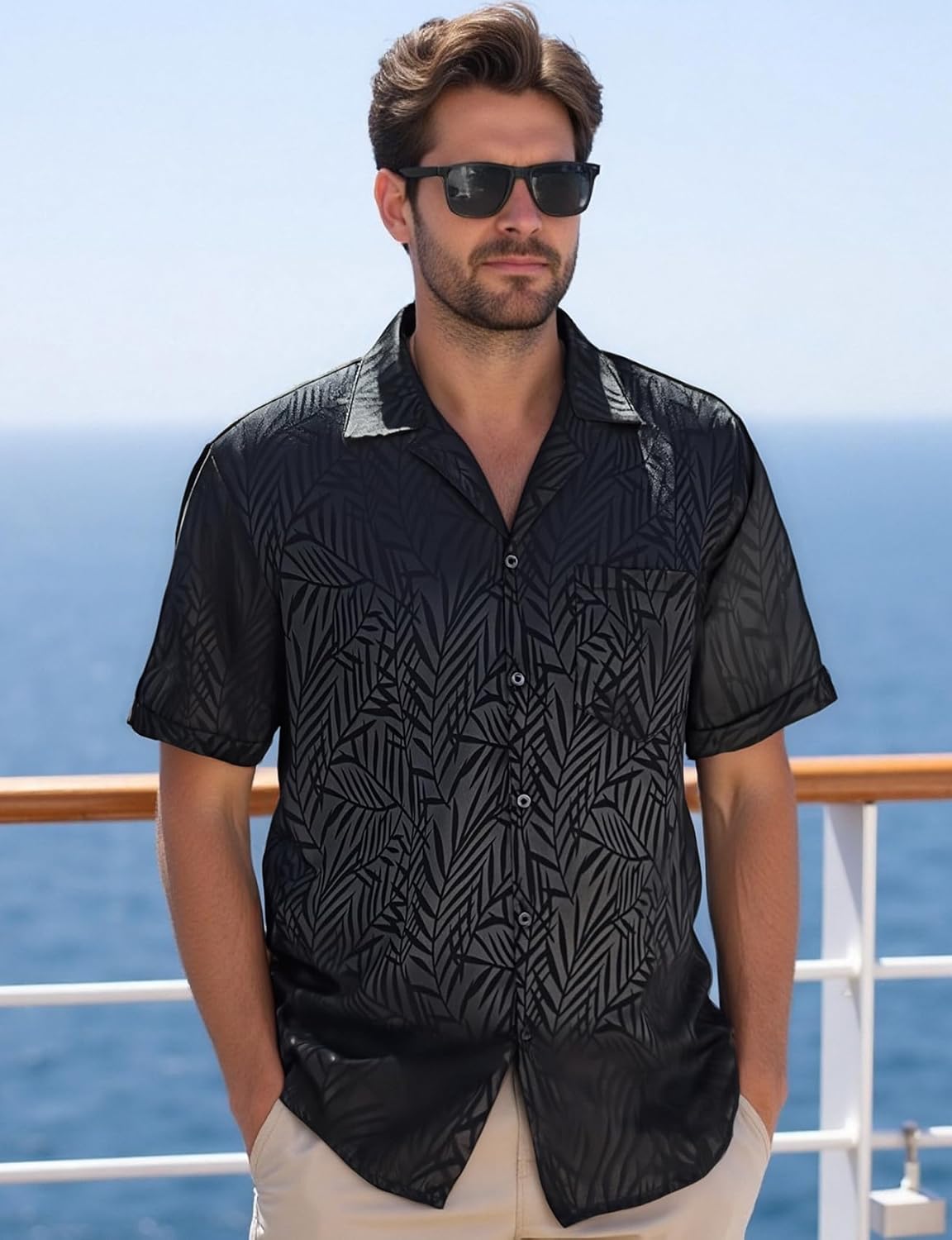 JEMITOP Mens Shiny Satin Silk-Like Designer Shirt Summer Regular Fit Short Sleeve Button Up Floral Shirt with Pocket