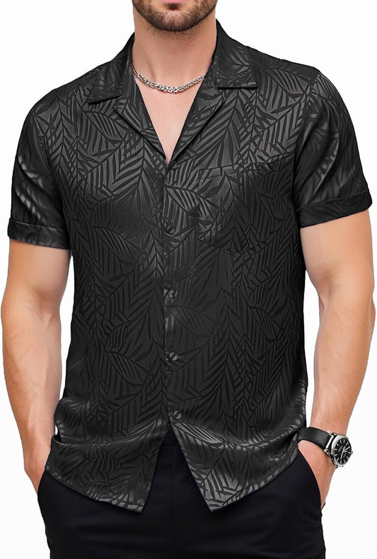 JEMITOP Mens Shiny Satin Silk-Like Designer Shirt Summer Regular Fit Short Sleeve Button Up Floral Shirt with Pocket