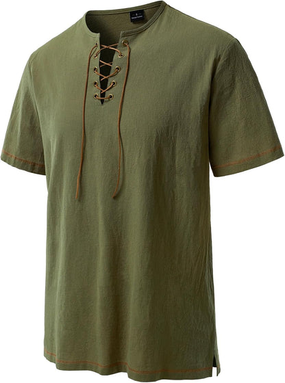 JEMOTOP Men's Pure Cotton Retro Short Sleeves Lace Up Shirts for Casual Renaissance Pirate Medieval Viking Without Belt