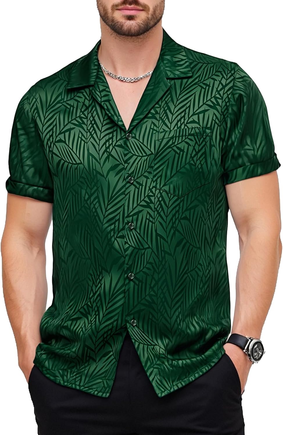 JEMITOP Mens Shiny Satin Silk-Like Designer Shirt Summer Regular Fit Short Sleeve Button Up Floral Shirt with Pocket