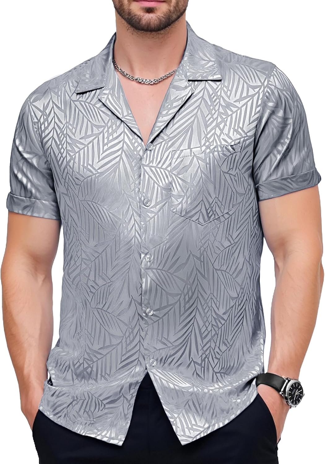 JEMITOP Mens Shiny Satin Silk-Like Designer Shirt Summer Regular Fit Short Sleeve Button Up Floral Shirt with Pocket