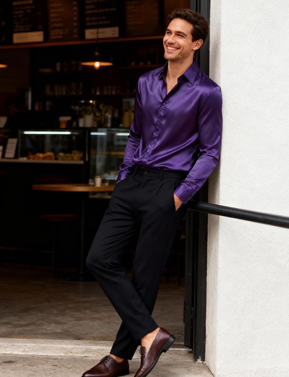 JEMITOP Mens Shiny Luxury Satin Slim Fit Dress Shirts Silk-Like Glossy Long Sleeve Button Down Shirts for Wedding Party Prom