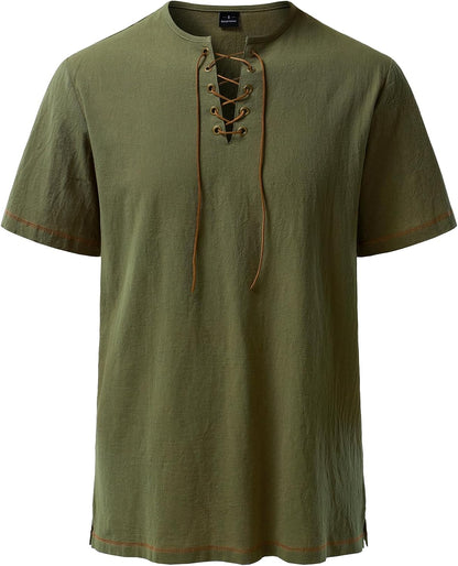 JEMOTOP Men's Pure Cotton Retro Short Sleeves Lace Up Shirts for Casual Renaissance Pirate Medieval Viking Without Belt