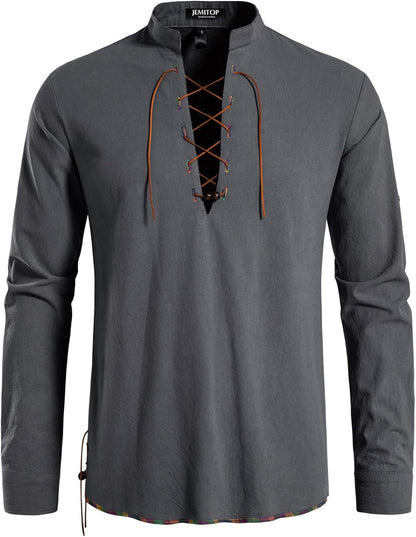 JEMITOP Men's Pure Cotton Retro Lace Up Shirts for Renaissance Pirate Viking Medieval