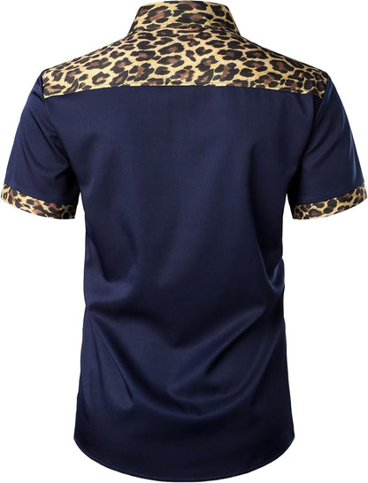 JEMITOP Men's Stretchy Causal Leopard Cheetah Print Short Sleeve Slim Fit Button Up Shirt