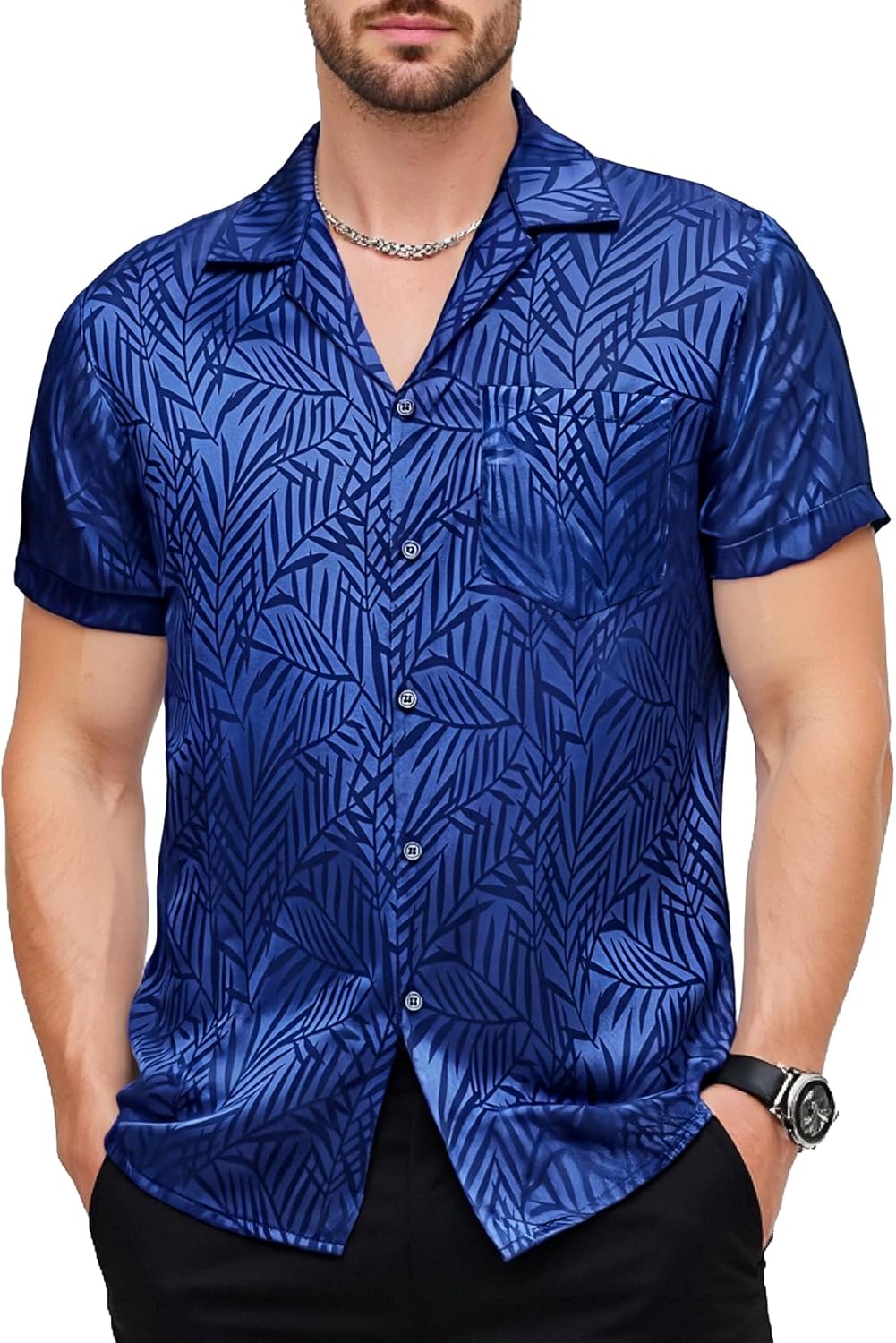 JEMITOP Mens Shiny Satin Silk-Like Designer Shirt Summer Regular Fit Short Sleeve Button Up Floral Shirt with Pocket