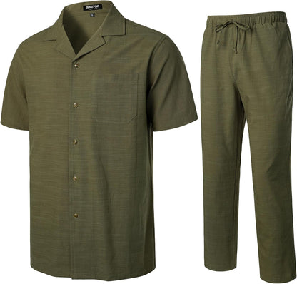 JEMITOP Herren-Set aus Leinen, 2-teilig, Sommer, entspannte Passform, kubanischer Kragen, Spazieranzug für Strand, Hochzeit, Urlaub