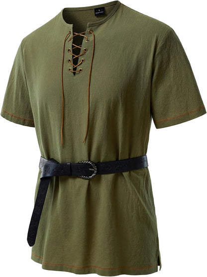 JEMOTOP Men's Pure Cotton Retro Short Sleeves Lace Up Shirts for Casual Renaissance Pirate Medieval Viking Without Belt