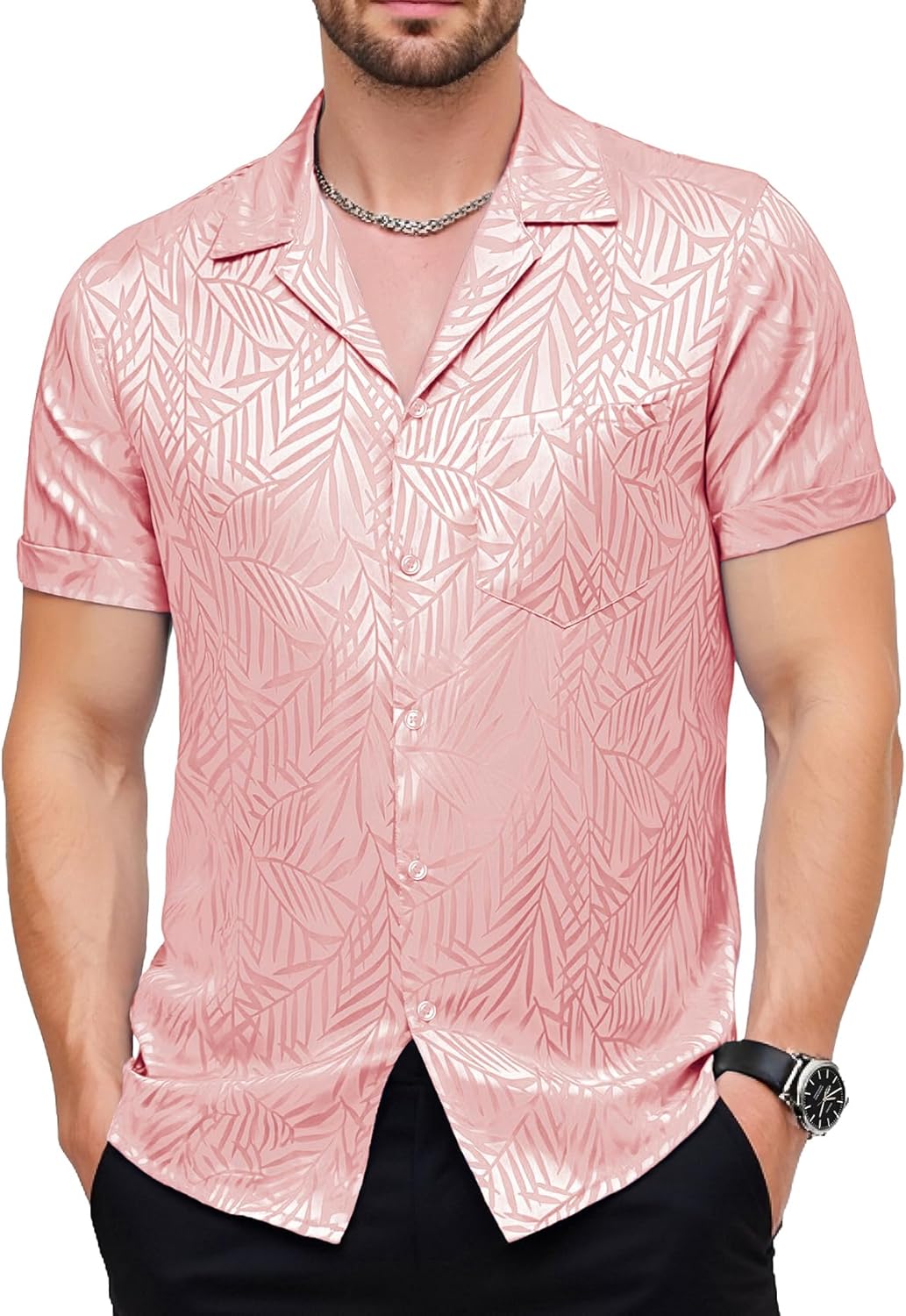 JEMITOP Mens Shiny Satin Silk-Like Designer Shirt Summer Regular Fit Short Sleeve Button Up Floral Shirt with Pocket