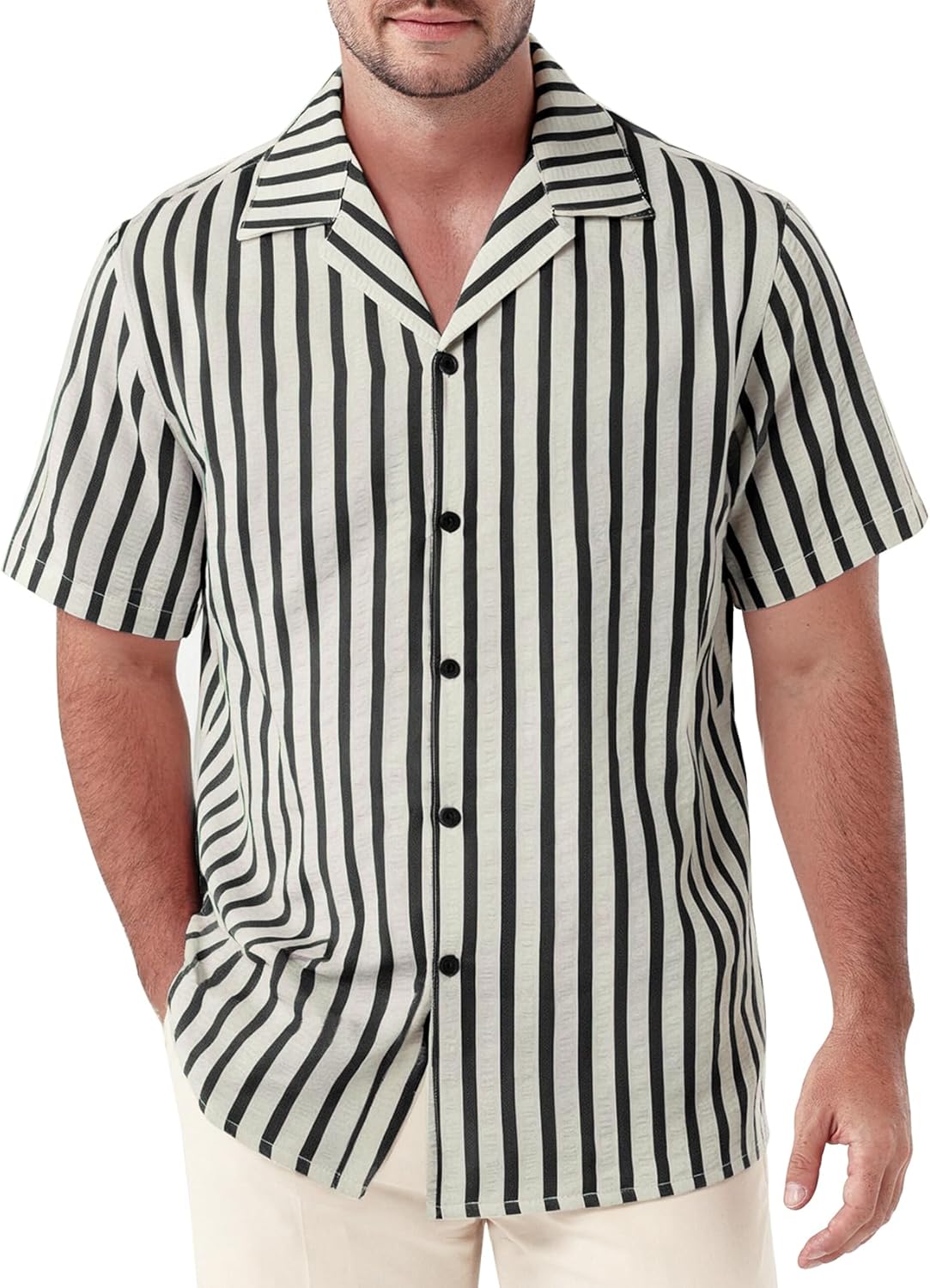 JEMITOP Men's Classic Striped Seersucker Cuban Collar Shirt Short Sleeve Button Down Texture Shirts for Beach Vacation