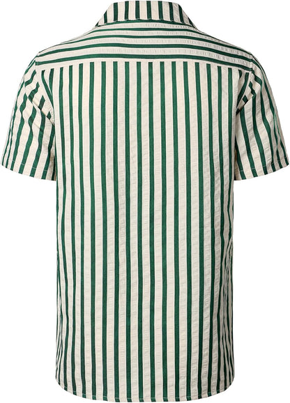 JEMITOP Herren-Hemd mit klassischem Streifenmuster und kubanischem Kragen, Button-Down-Hemd, leichtes, kurzärmeliges Strukturhemd für den Strandurlaub 