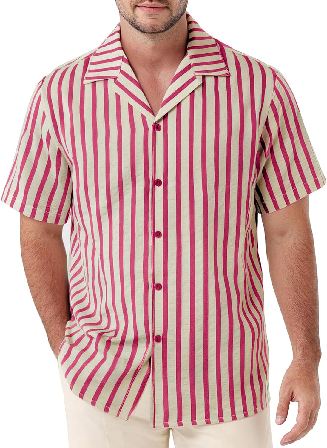 JEMITOP Men's Classic Striped Seersucker Cuban Collar Shirt Short Sleeve Button Down Texture Shirts for Beach Vacation