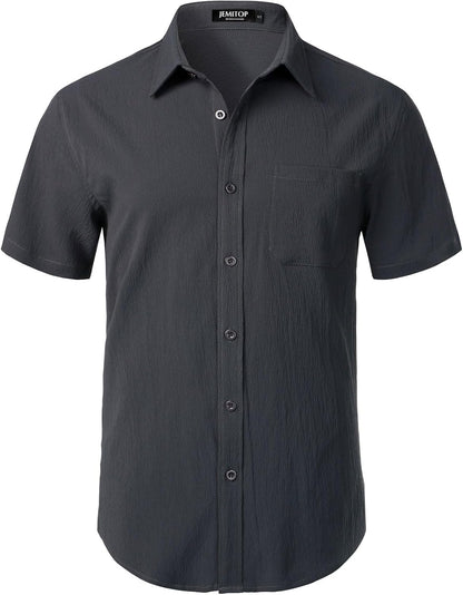 JEMITOP Men's Stretch Wrinkle Free Short Sleeve Texture Shirt Summer Lightweight Button Down Shirts for Beach Vacation