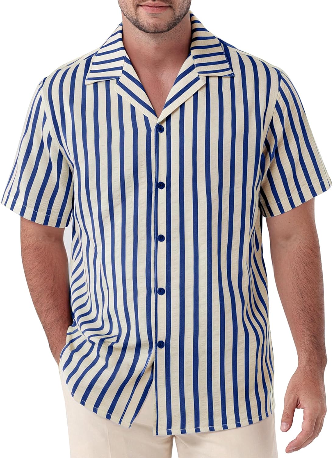 JEMITOP Men's Classic Striped Seersucker Cuban Collar Shirt Short Sleeve Button Down Texture Shirts for Beach Vacation