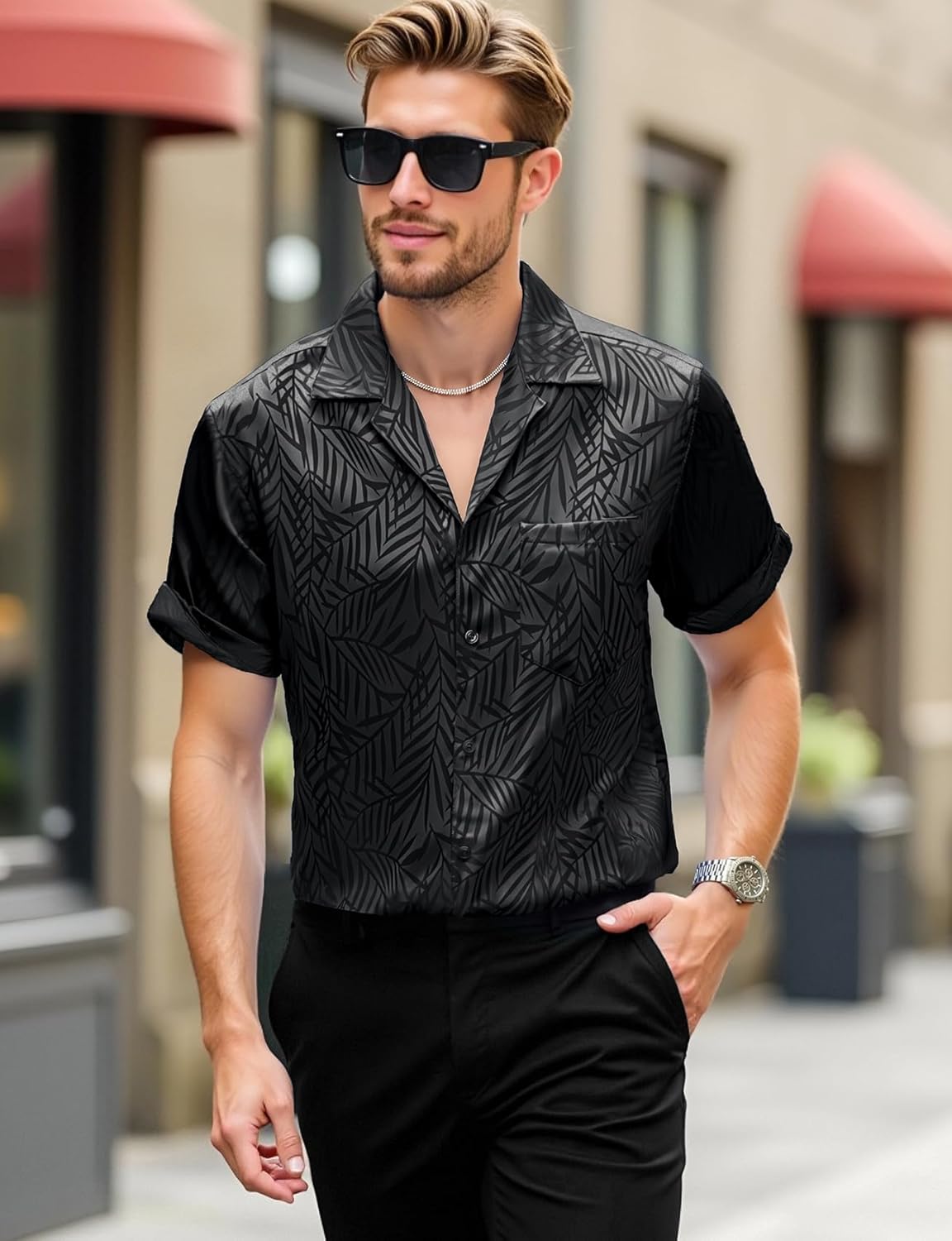 JEMITOP Mens Shiny Satin Silk-Like Designer Shirt Summer Regular Fit Short Sleeve Button Up Floral Shirt with Pocket