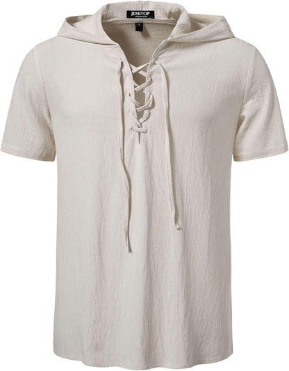 JEMITOP Men's Cotton Vintage Hooded Design Short Sleeve Lace up Shirts for Renaissance Pirate Viking Medieval Costume