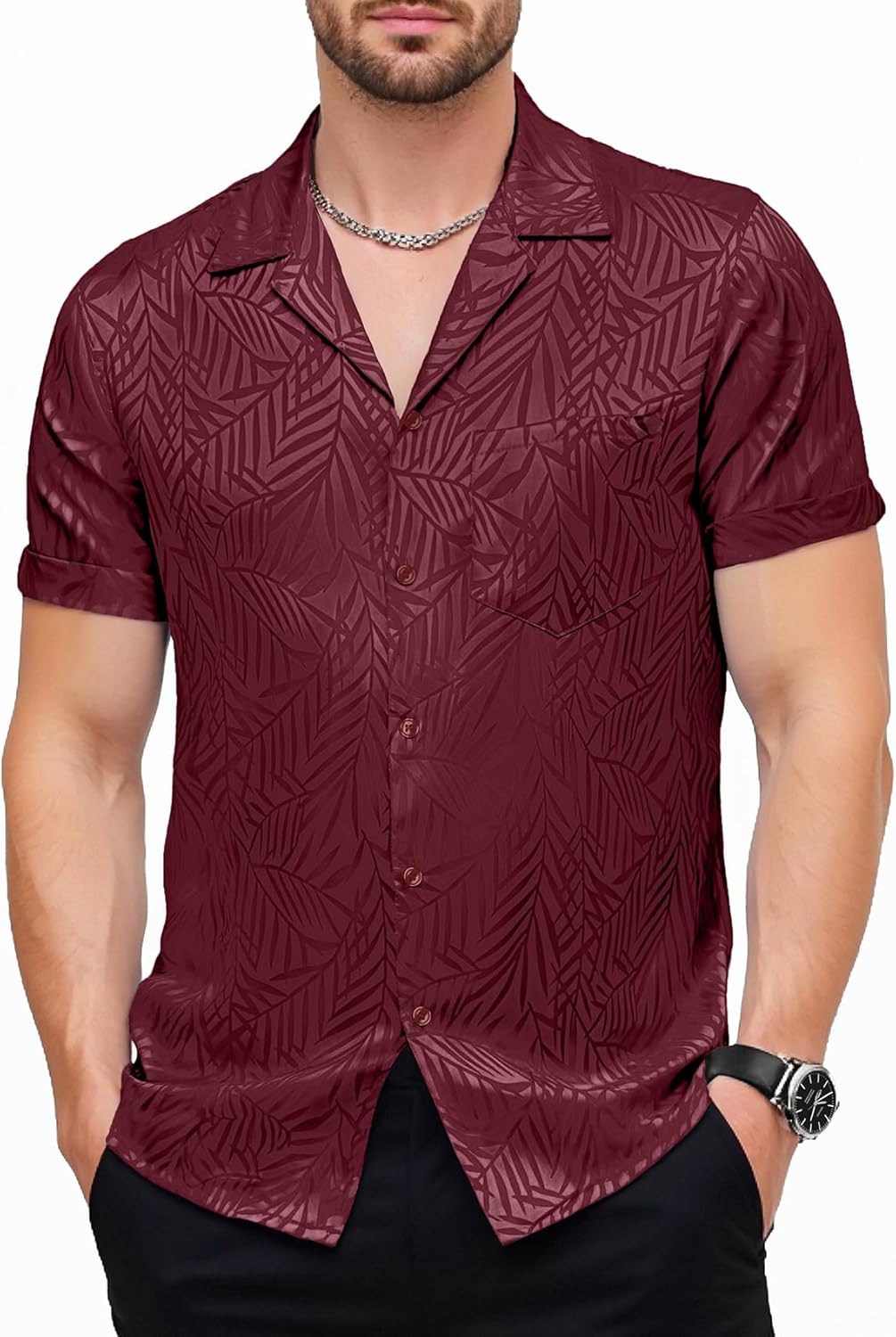 JEMITOP Mens Shiny Satin Silk-Like Designer Shirt Summer Regular Fit Short Sleeve Button Up Floral Shirt with Pocket