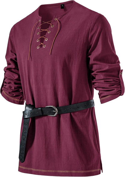 JEMITOP Men's Pure Cotton Lace Up Retro Shirts for Pirate Renaissance Medieval Viking Costume Without Belt