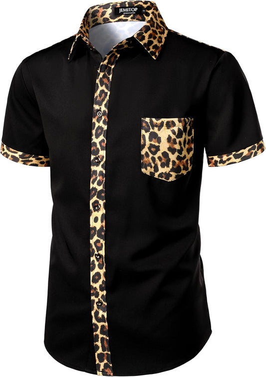JEMITOP Men's Stretchy Causal Leopard Cheetah Print Short Sleeve Slim Fit Button Up Shirt
