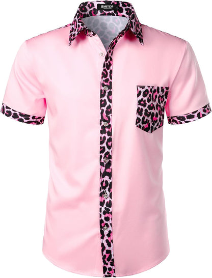 JEMITOP Men's Stretchy Causal Leopard Cheetah Print Short Sleeve Slim Fit Button Up Shirt