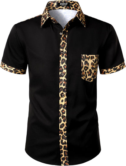 JEMITOP Men's Stretchy Causal Leopard Cheetah Print Short Sleeve Slim Fit Button Up Shirt
