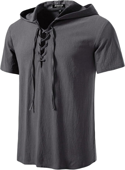 JEMITOP Men's Cotton Vintage Hooded Design Short Sleeve Lace up Shirts for Renaissance Pirate Viking Medieval Costume