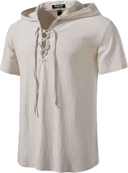 JEMITOP Men's Cotton Vintage Hooded Design Short Sleeve Lace up Shirts for Renaissance Pirate Viking Medieval Costume