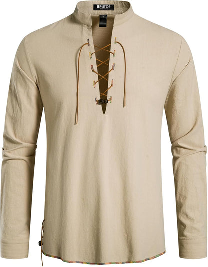 JEMITOP Men's Pure Cotton Retro Lace Up Shirts for Renaissance Pirate Viking Medieval