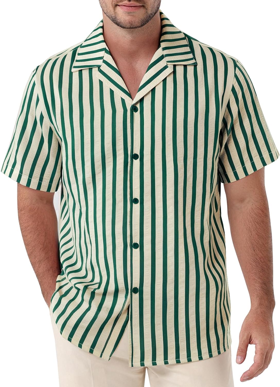 JEMITOP Men's Classic Striped Seersucker Cuban Collar Shirt Short Sleeve Button Down Texture Shirts for Beach Vacation