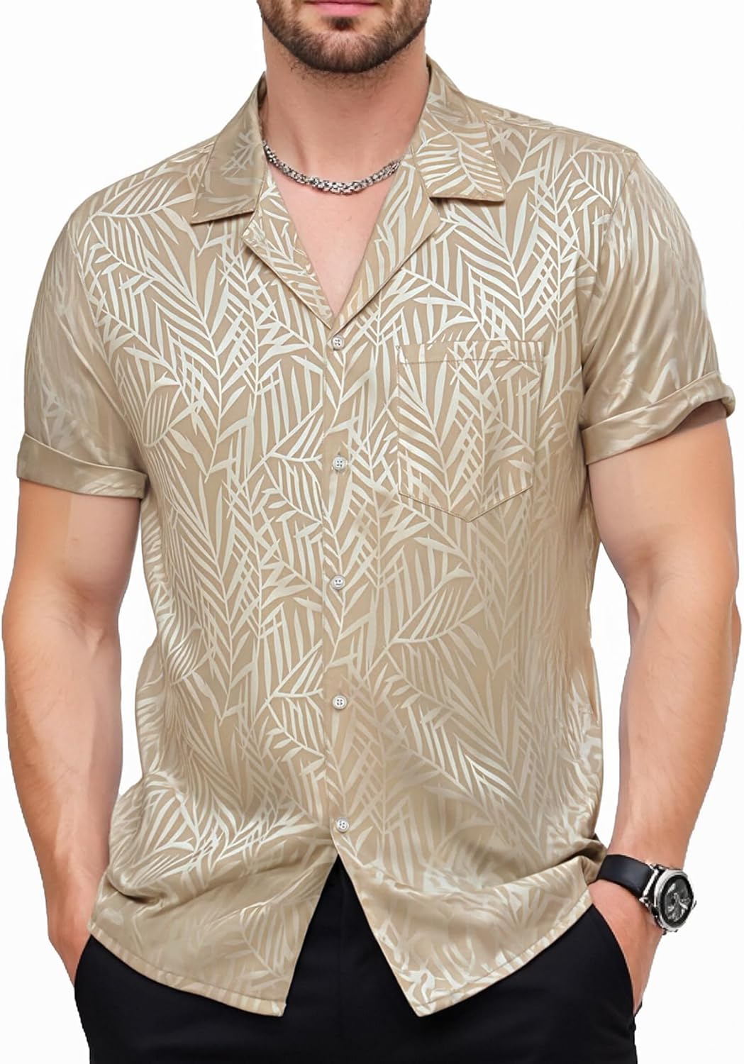 JEMITOP Mens Shiny Satin Silk-Like Designer Shirt Summer Regular Fit Short Sleeve Button Up Floral Shirt with Pocket