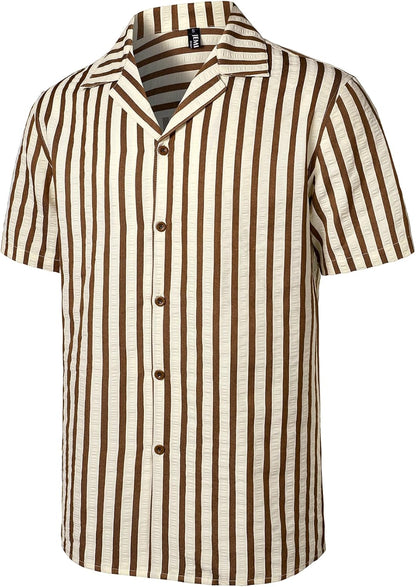 JEMITOP Herren-Hemd mit klassischem Streifenmuster und kubanischem Kragen, Button-Down-Hemd, leichtes, kurzärmeliges Strukturhemd für den Strandurlaub 