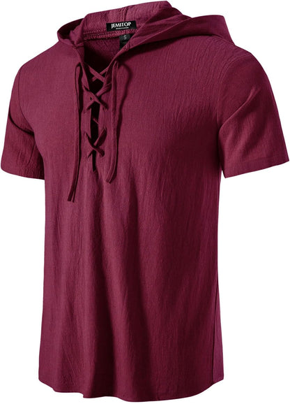 JEMITOP Men's Cotton Vintage Hooded Design Short Sleeve Lace up Shirts for Renaissance Pirate Viking Medieval Costume