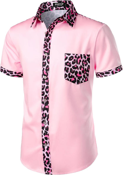 JEMITOP Men's Stretchy Causal Leopard Cheetah Print Short Sleeve Slim Fit Button Up Shirt