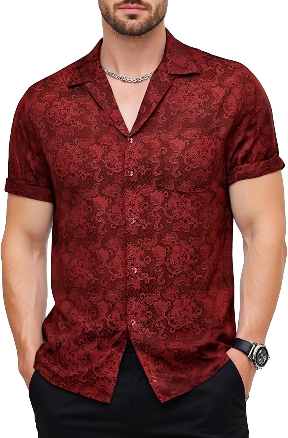 JEMITOP Mens Shiny Satin Silk-Like Designer Shirt Summer Regular Fit Short Sleeve Button Up Floral Shirt with Pocket