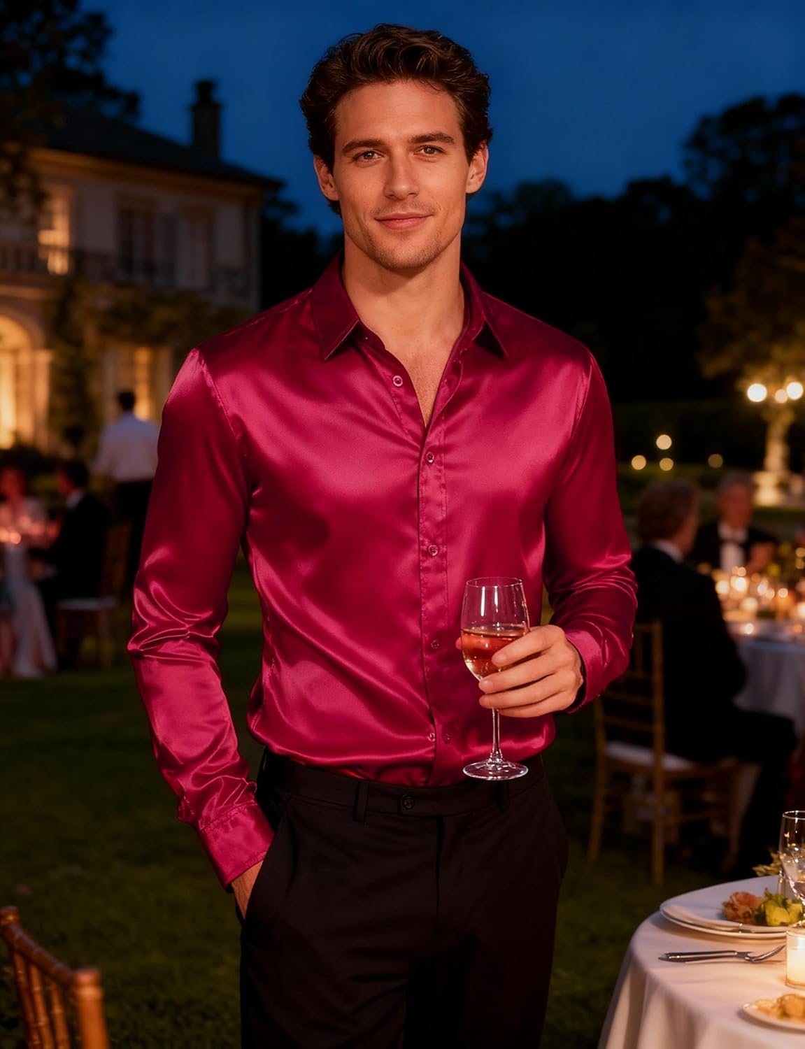 JEMITOP Mens Shiny Luxury Satin Slim Fit Dress Shirts Silk-Like Glossy Long Sleeve Button Down Shirts for Wedding Party Prom