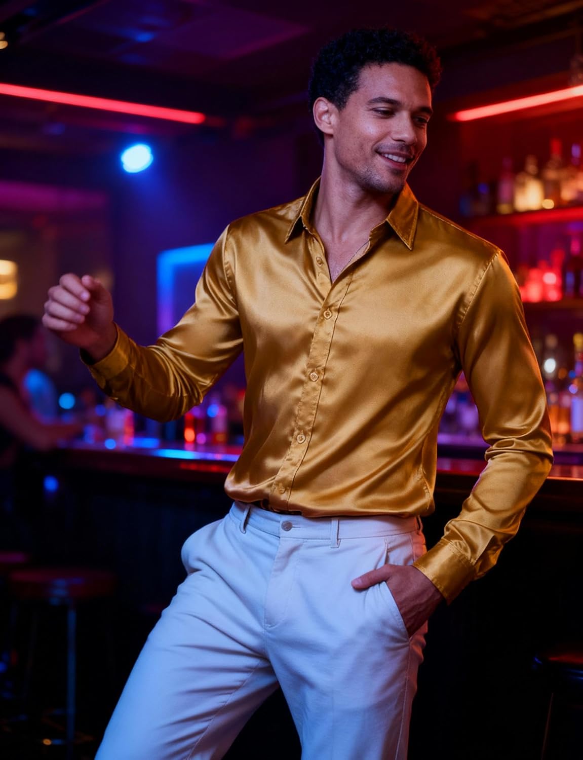 JEMITOP Mens Shiny Luxury Satin Slim Fit Dress Shirts Silk-Like Glossy Long Sleeve Button Down Shirts for Wedding Party Prom