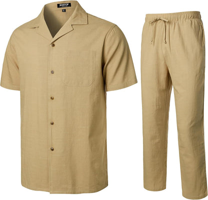 JEMITOP Herren-Set aus Leinen, 2-teilig, Sommer, entspannte Passform, kubanischer Kragen, Spazieranzug für Strand, Hochzeit, Urlaub