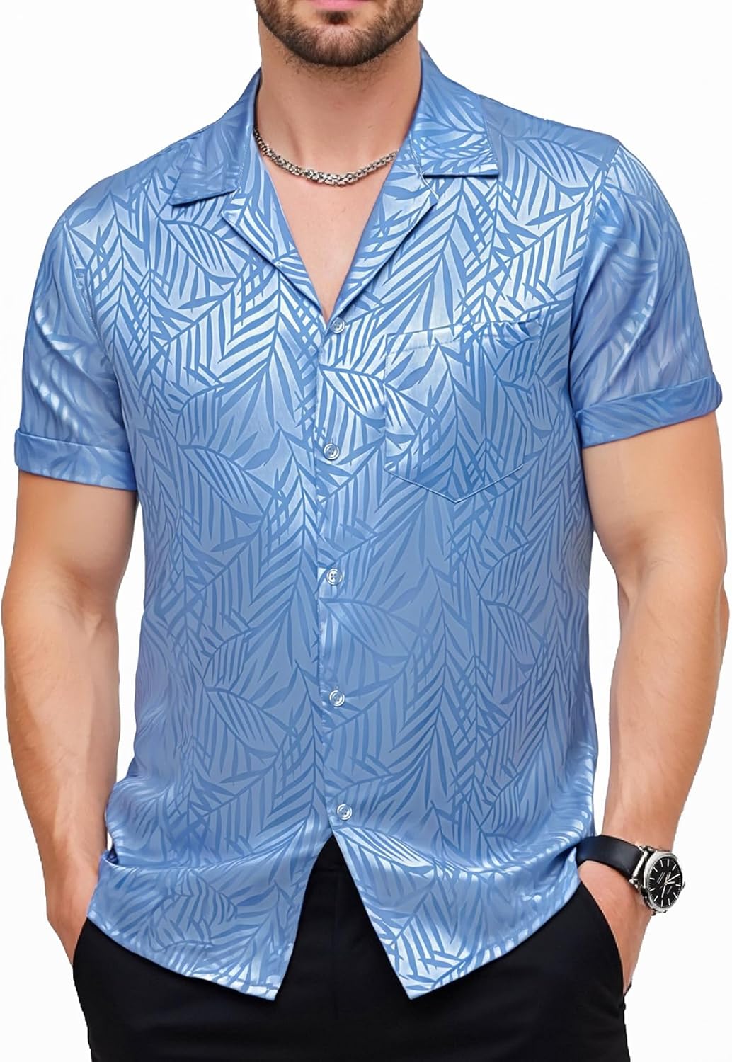 JEMITOP Mens Shiny Satin Silk-Like Designer Shirt Summer Regular Fit Short Sleeve Button Up Floral Shirt with Pocket
